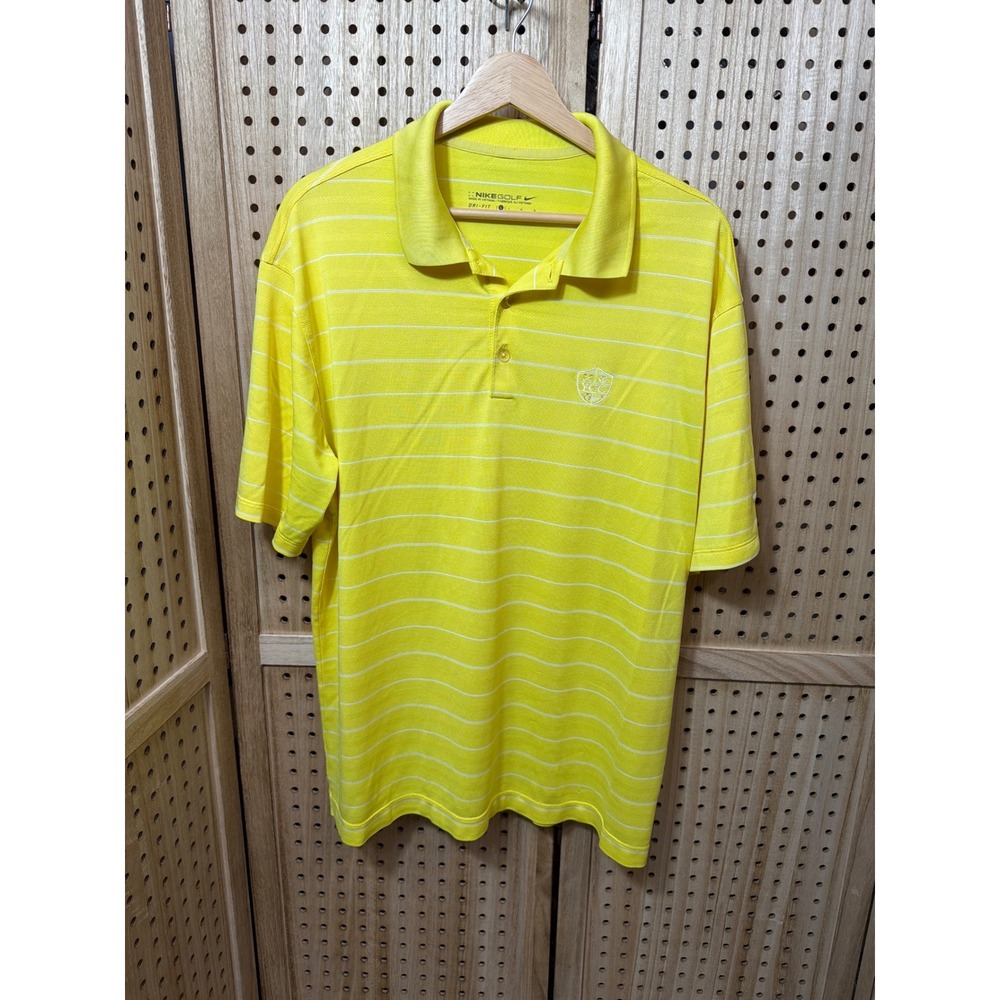 Nike Golf Dri-FIT Mens Large Yellow Striped Polo Shirt‎ YCC Crest Short Sleeve